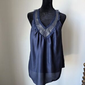 Rebecca Taylor Navy Blue Silk Sleeveless Top with Sequin Detail 4